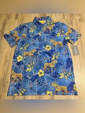 NWT Birdie Bound Men's Small Blue/Yellow Tropical Floral Cheetah Stretch UV Polo